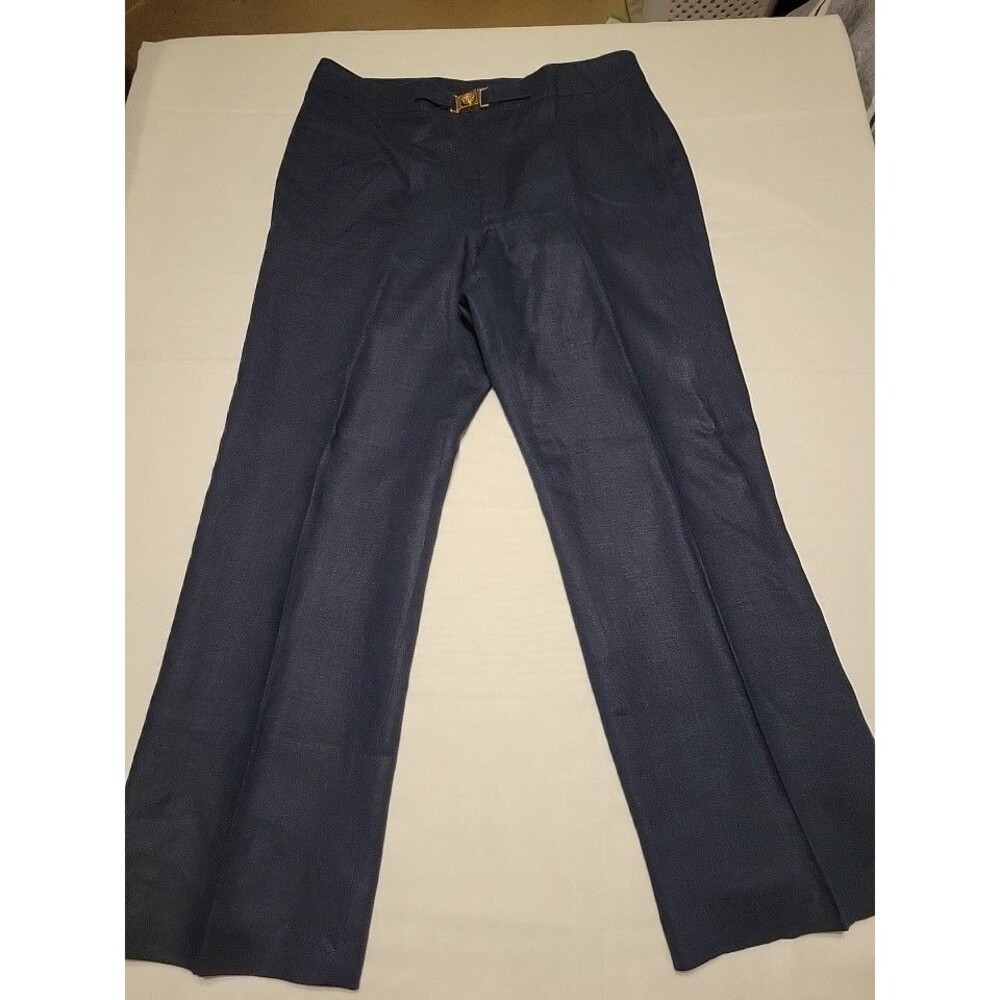 Chaps Women's Linen Navy Blue Dress Pants Gold Tone Buckle Waistband Trousers 14